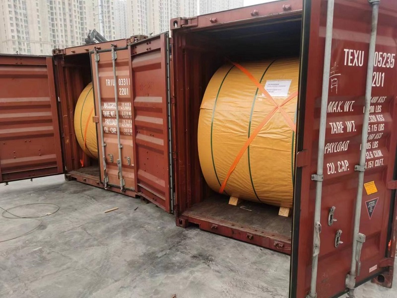 Finished steel cord conveyor belt coil inspected and prepared for export delivery to Laos